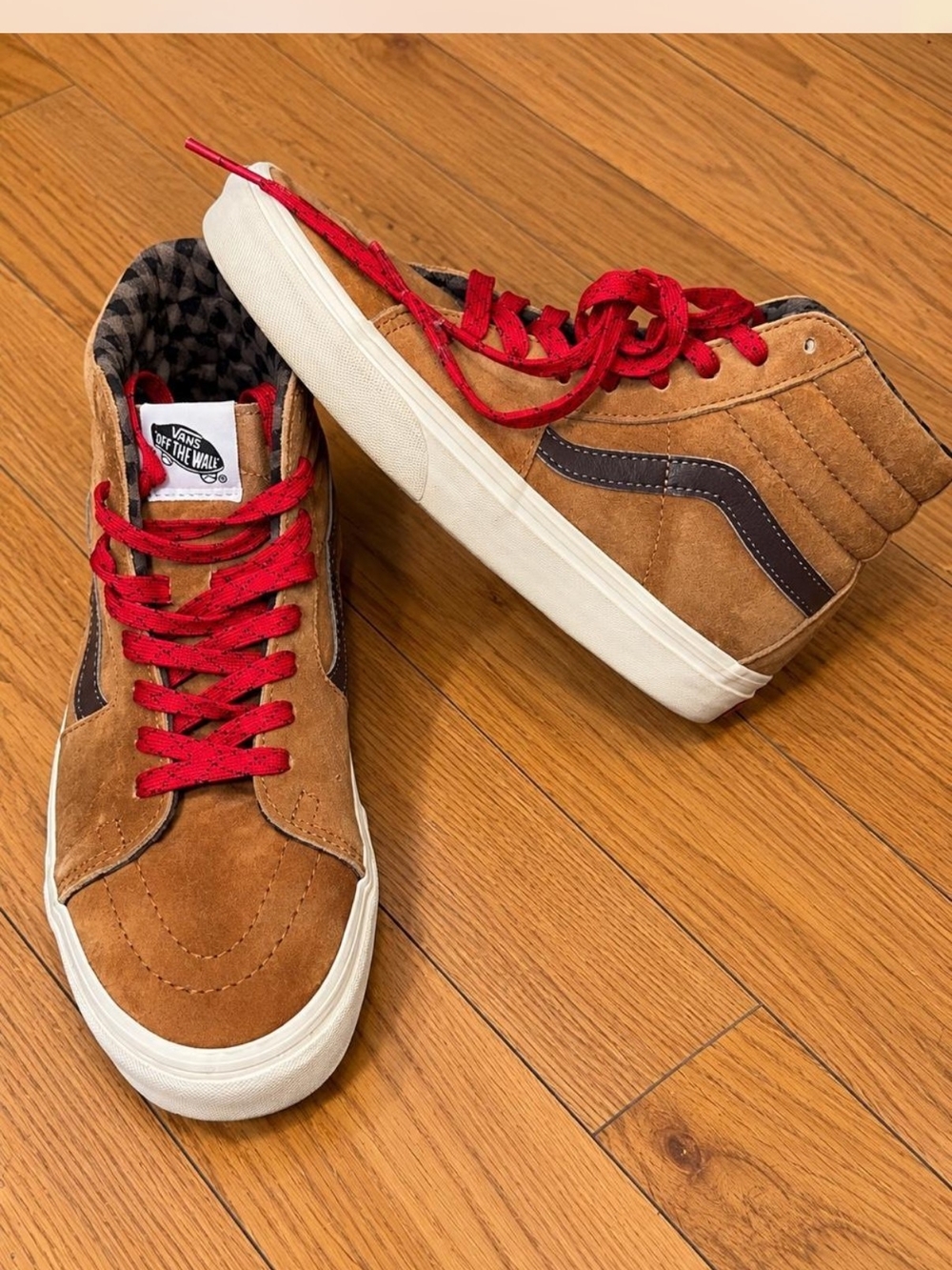 Vans Sk8-Hi Suede High-Top Sneakers in Brown with Red Laces